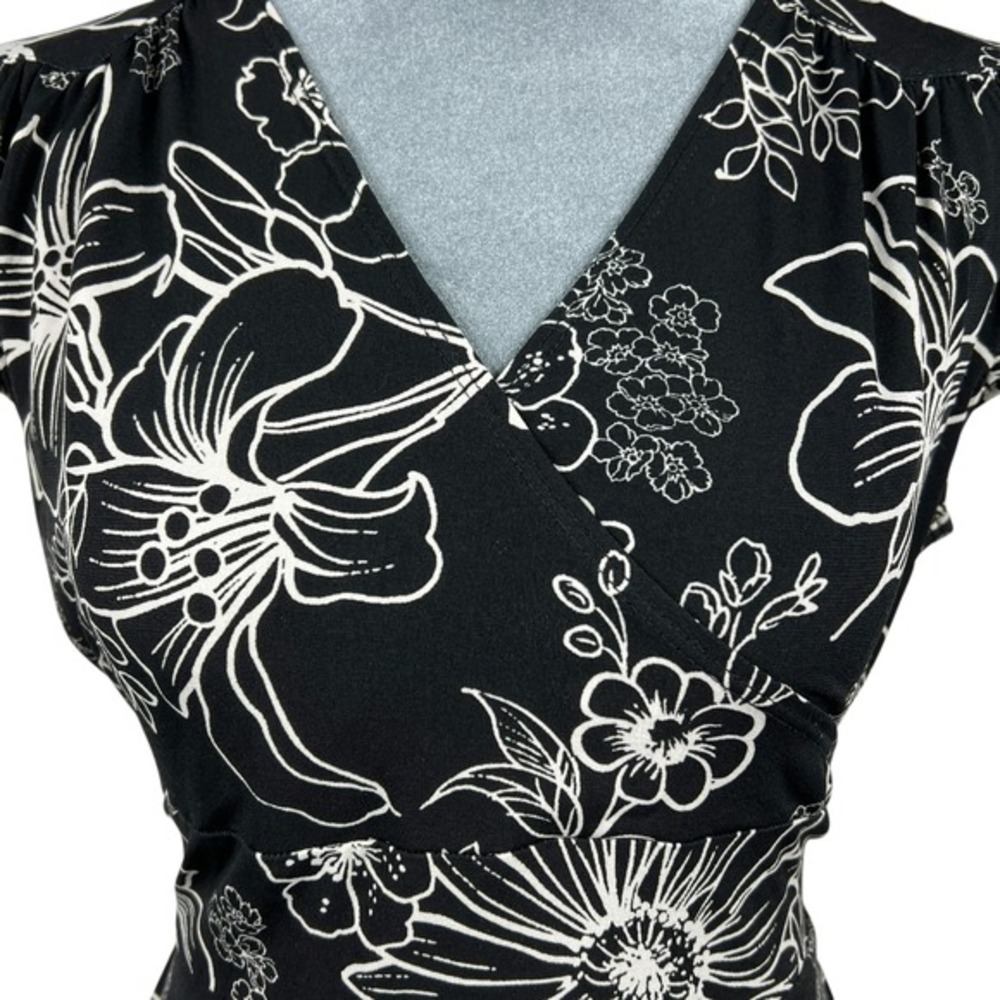 Vintage Y2K Floral Mock Wrap Midi Dress 11/12 Black White Tie Back‎ Empire Waist - Picture 5 of 8